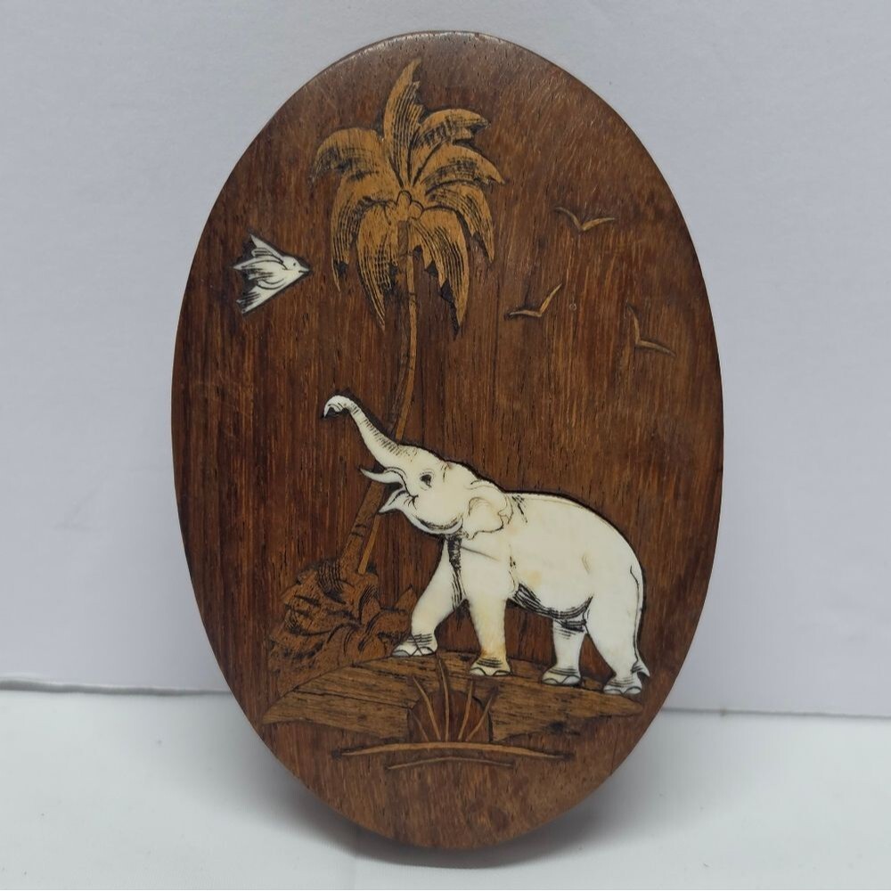 Vintage Wooden Inlay Baby Elephant With Bird Plaque Paperweight Cottagecore